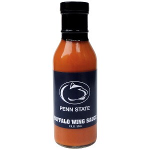 bottle of Buffalo wing sauce with Penn State Athletic Logo